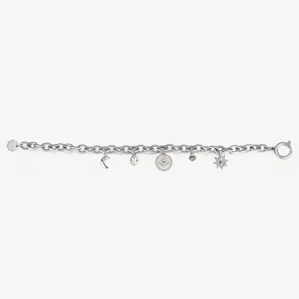 Stainless steel bracelet with assorted charms.