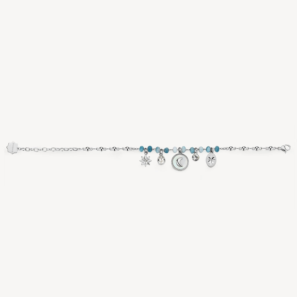 Stainless steel bracelet with blue gemstones.