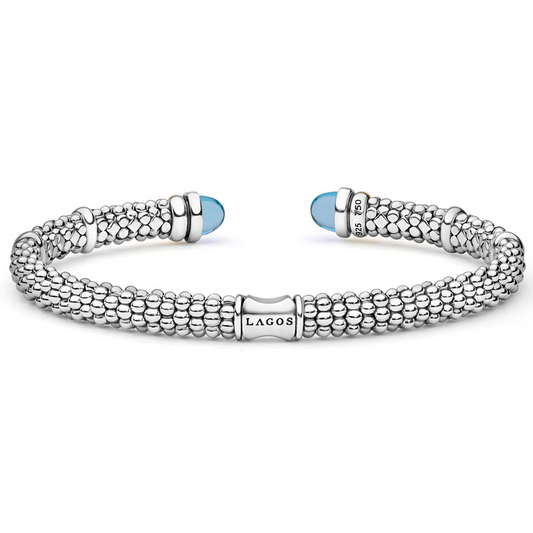 Lagos Signature Caviar Collection Cuff Color Gemstone Bracelet in Sterling Silver - 14 Karat White - Yellow with 2 Cabochon Citrines
