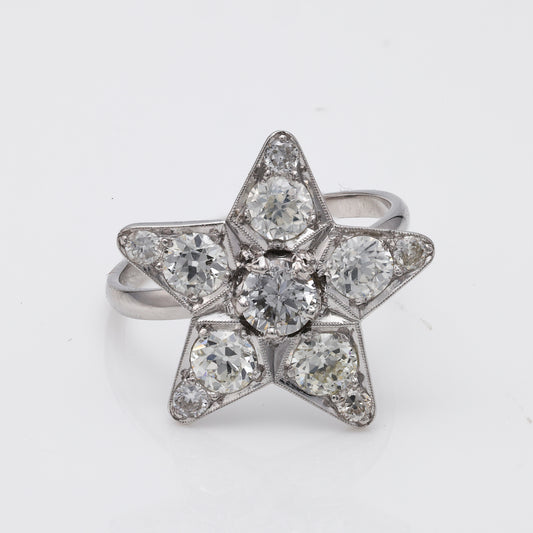 Star-shaped platinum ring with European diamonds.