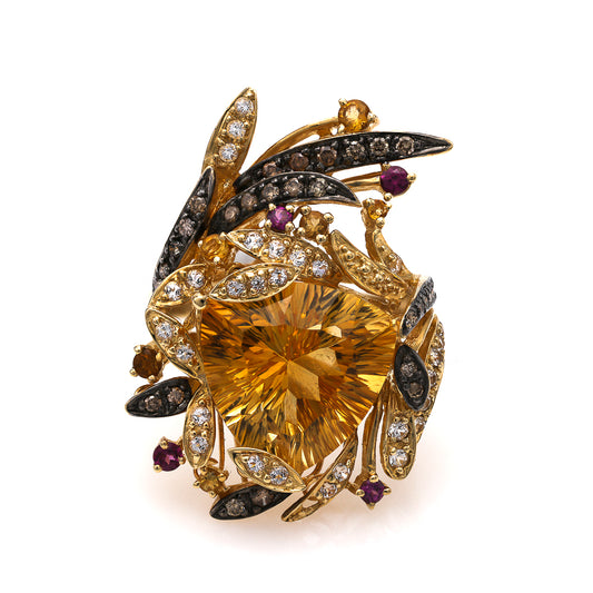 Fantasy Cut Citrine Ring with Diamonds and Garnets