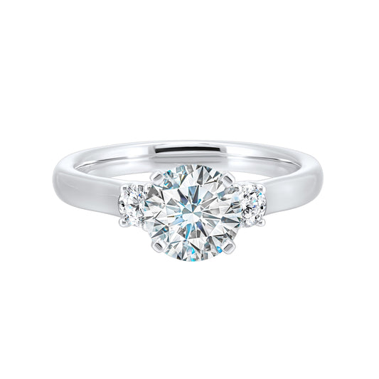 Three Stone Natural Diamond Semi-Mount Engagement Ring in 14 Karat White with 2 Round Diamonds, totaling 0.24ctw