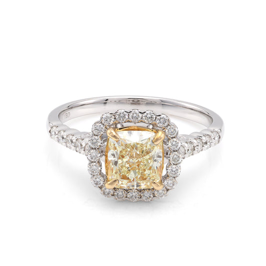 Yerushalmi Brothers Halo Side Stone Natural Diamond Complete Engagement Ring in 18 Karat White Yellow Gold with 1 Cushion Diamond, Color: Z, Clarity: VS2, totaling 1.32ctw