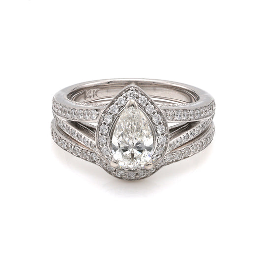 ReMarkable Estate Halo Side Stone Natural Diamond Complete Wedding Set in 14 Karat White Gold with 1 Pear Diamond, Color: H, Clarity: SI2, totaling 0.75ctw