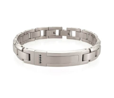 Stainless steel bracelet with fold-over clasp.