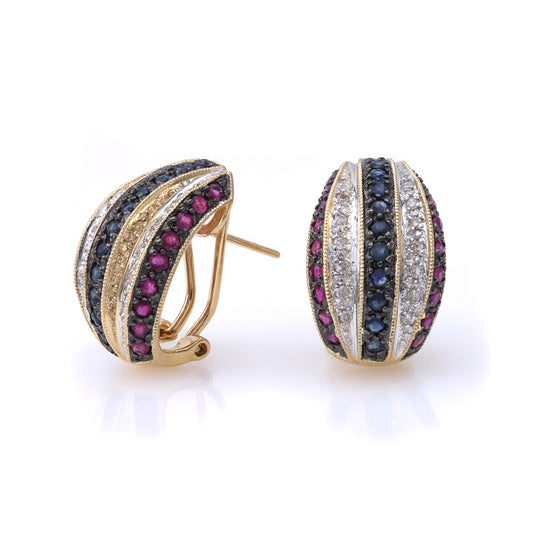 M Estate Collection J Hoop Color Gemstone Earrings in 14 Karat Yellow with 22 Round Sapphires 0.55ctw