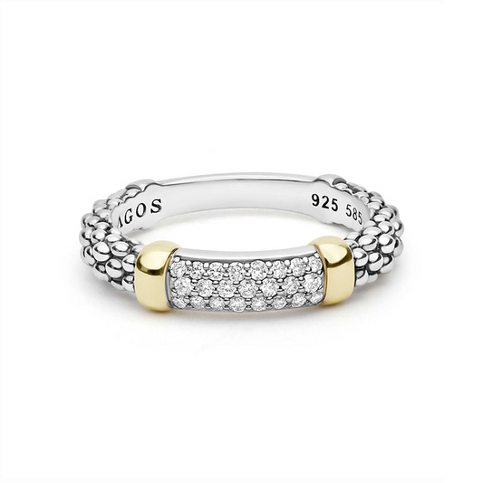 Lagos Signature Caviar Collection Natural Diamond Fashion Ring in Sterling Silver - 14 Karat White - Yellow with 0.19ctw G/H SI1-SI2 Round Diamond