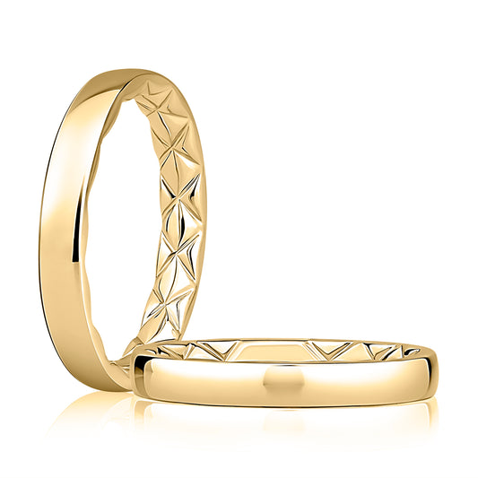 Carved 14K yellow gold band, polished finish.