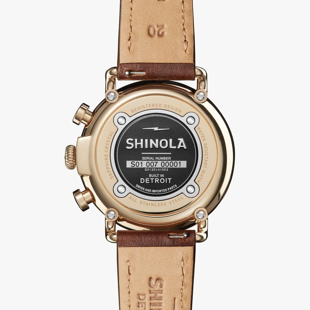 Back of SHINOLA Runwell watch with leather strap.