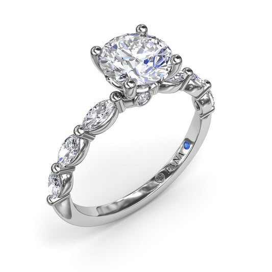 Side Stone Natural Diamond Semi-Mount Engagement Ring in 14 Karat White with 6 Marquise Diamonds, totaling 0.60ctw