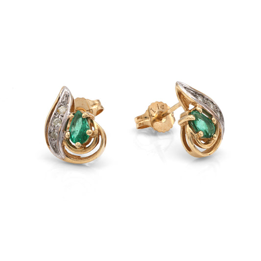 M Estate Collection Stud Color Gemstone Earrings in 14 Karat Yellow with 2 Pear Emeralds 0.40ctw 5mm