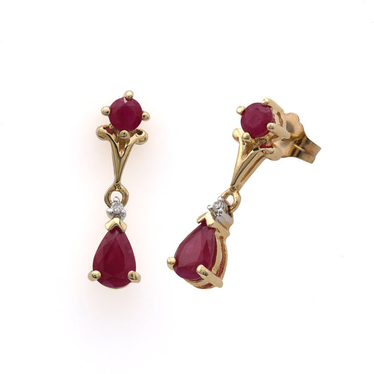 14K yellow gold ruby dangle earrings.