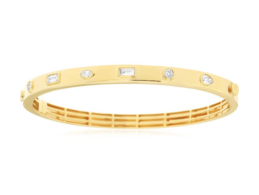 Yellow gold bangle with round diamonds.