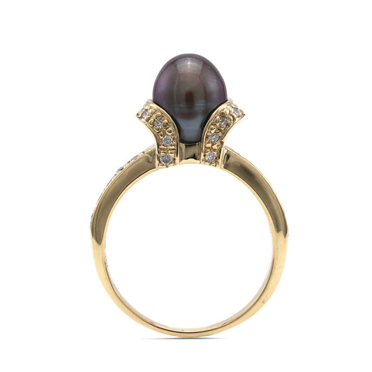 Marks Estate Department 2 Color Gemstone Ring in 14 Karat Yellow Gold with 1 Freshwater Black Pearl