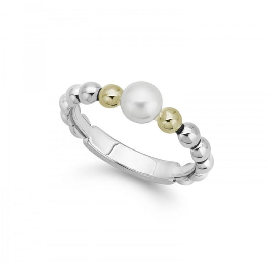 Luna Collection Stackable Color Gemstone Ring in Sterling Silver - 18 Karat White - Yellow with 1 Freshwater Pearl 5mm-5mm