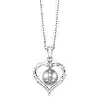 Heart Semi-Precious Color Collection Color Gemstone Necklace in Sterling Silver White with 1 Freshwater Grey Pearl