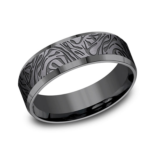 Carved tantalum grey band, intricate design.