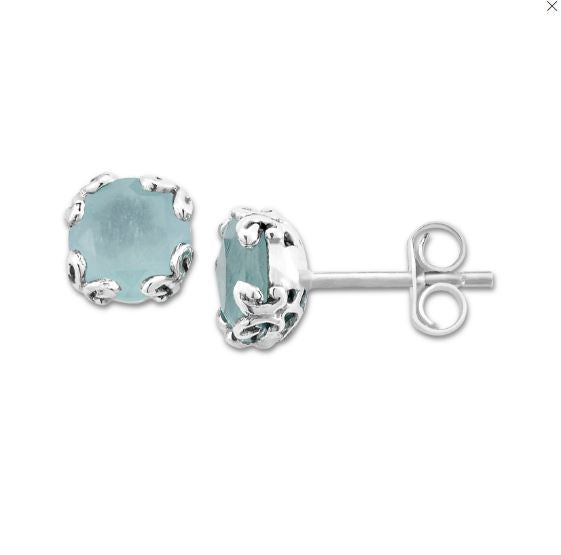 Stud Color Gemstone Earrings in Sterling Silver White with 2 Round Aquamarines 7mm
