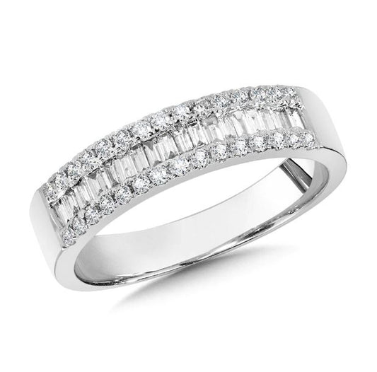 14K white gold band with mixed diamonds.