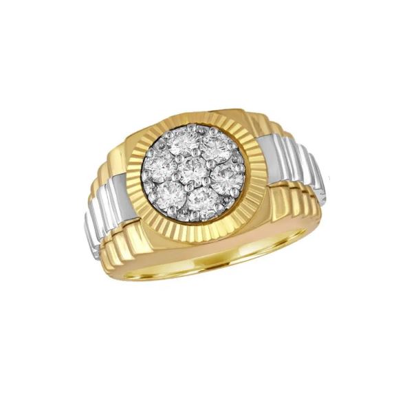 Gold and silver ring with round diamonds.