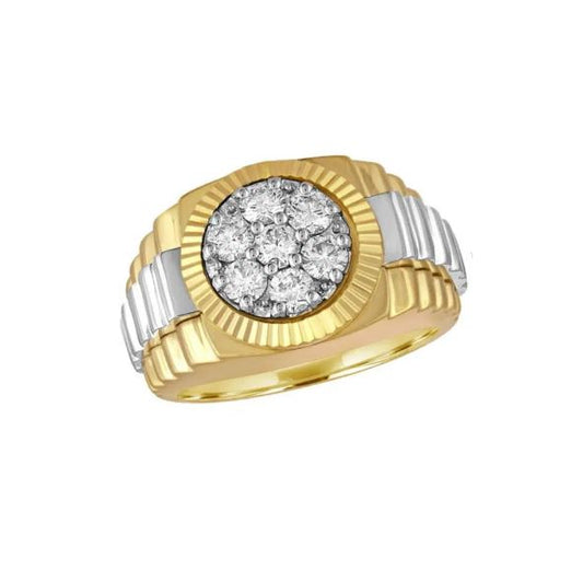Gold and silver ring with round diamonds.