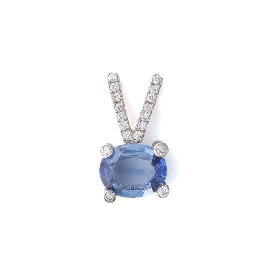 Oval sapphire pendant, diamond-accented V-shaped bail.