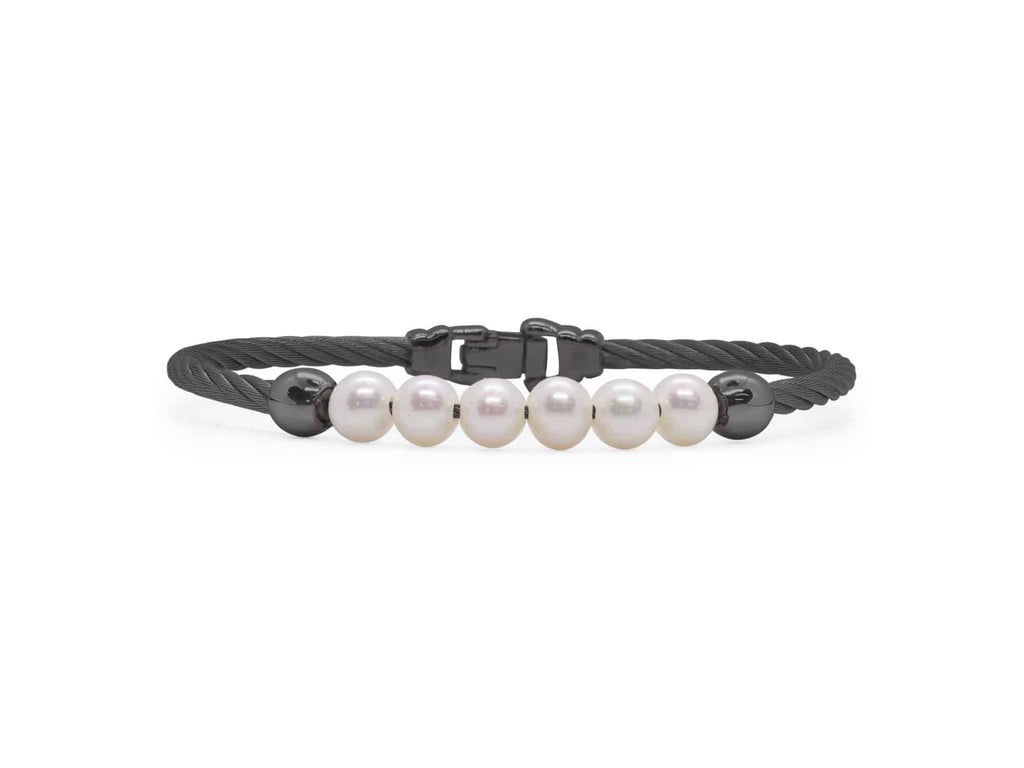Bangle Color Gemstone Bracelet in Stainless Steel Cable Black with 6 Freshwater Pearls 6mm-6.5mm