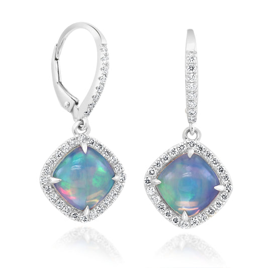 Cushion opal earrings with diamond halo.