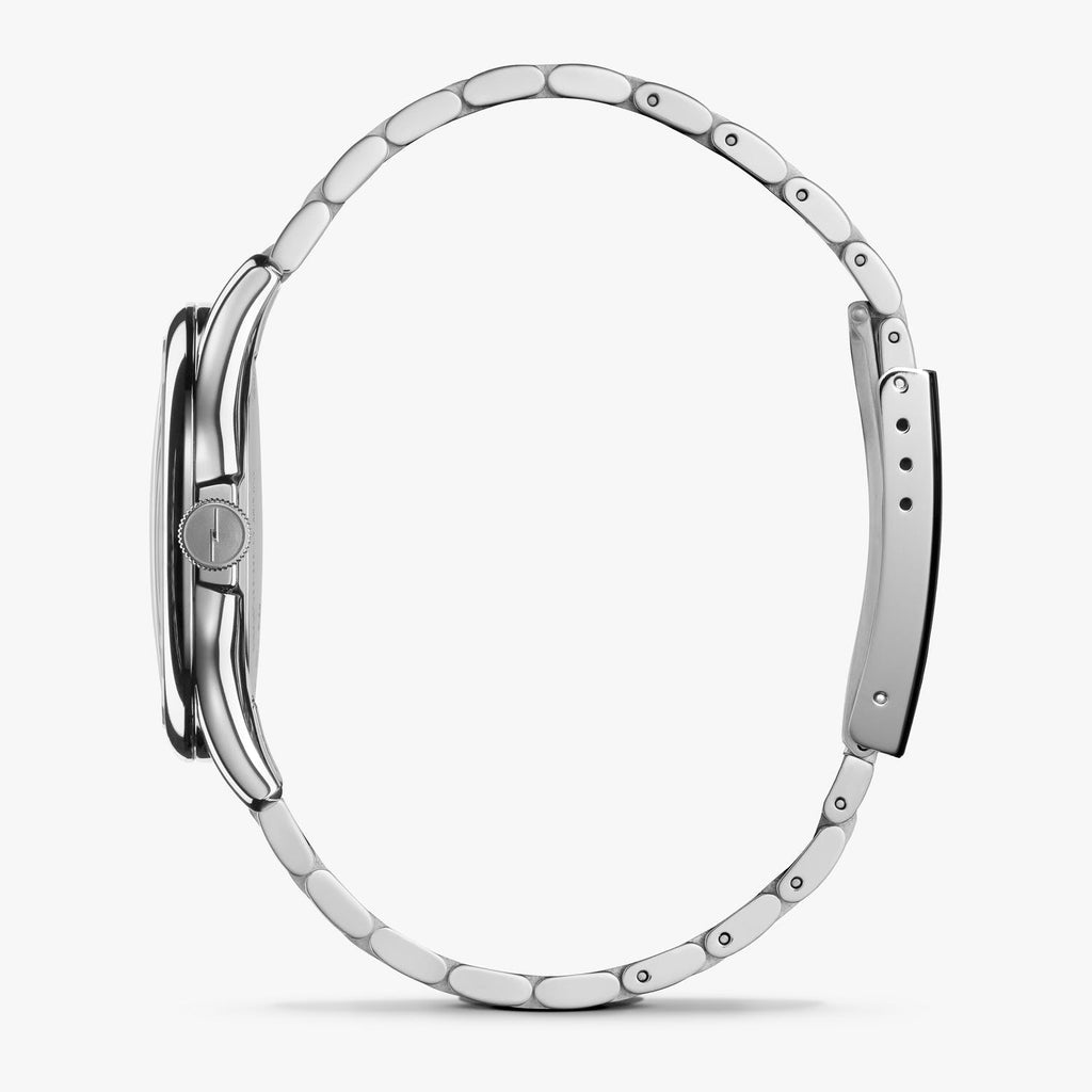Stainless steel watch with side profile view.