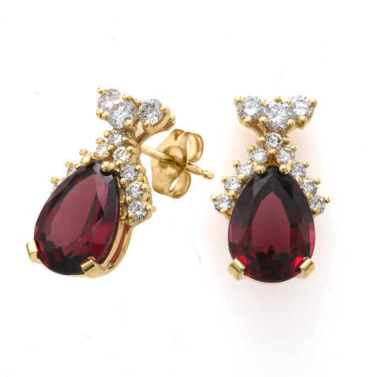 Pear Rhodolite Garnet earrings with diamonds.