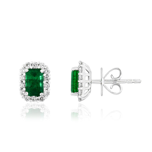 Stud Color Gemstone Earrings in 18 Karat White with 2 Emerald Emeralds 1.18ctw
