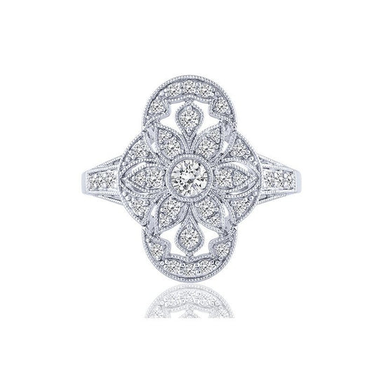 Vintage diamond ring, intricate floral design.