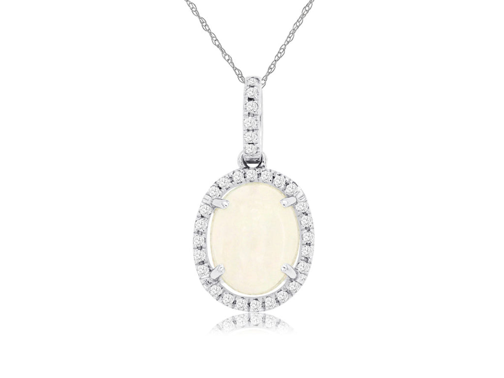Opal pendant with diamond halo in white gold.