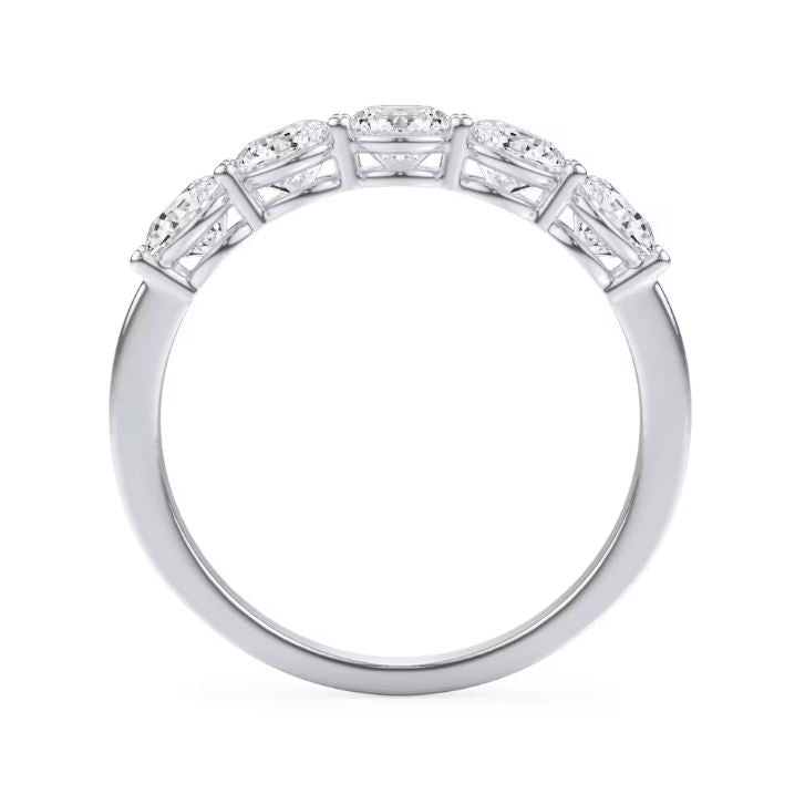 Platinum band with five round diamonds.