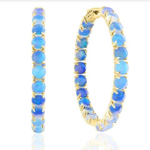 Medium Hoop Color Gemstone Earrings in 14 Karat White with 36 Round Opals 6.36ctw
