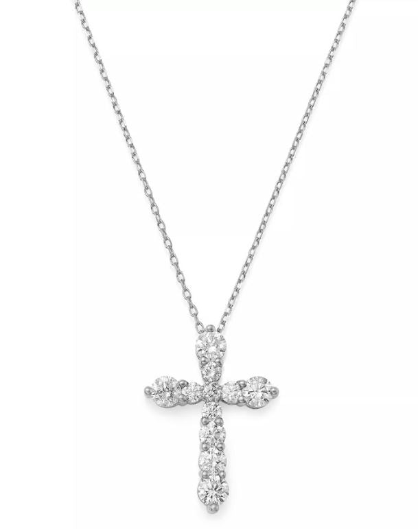Diamond cross necklace in white gold.