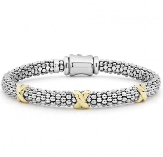 Lagos Signature Caviar Collection Station Bracelet (No Stones) in Sterling Silver - 18 Karat White - Yellow