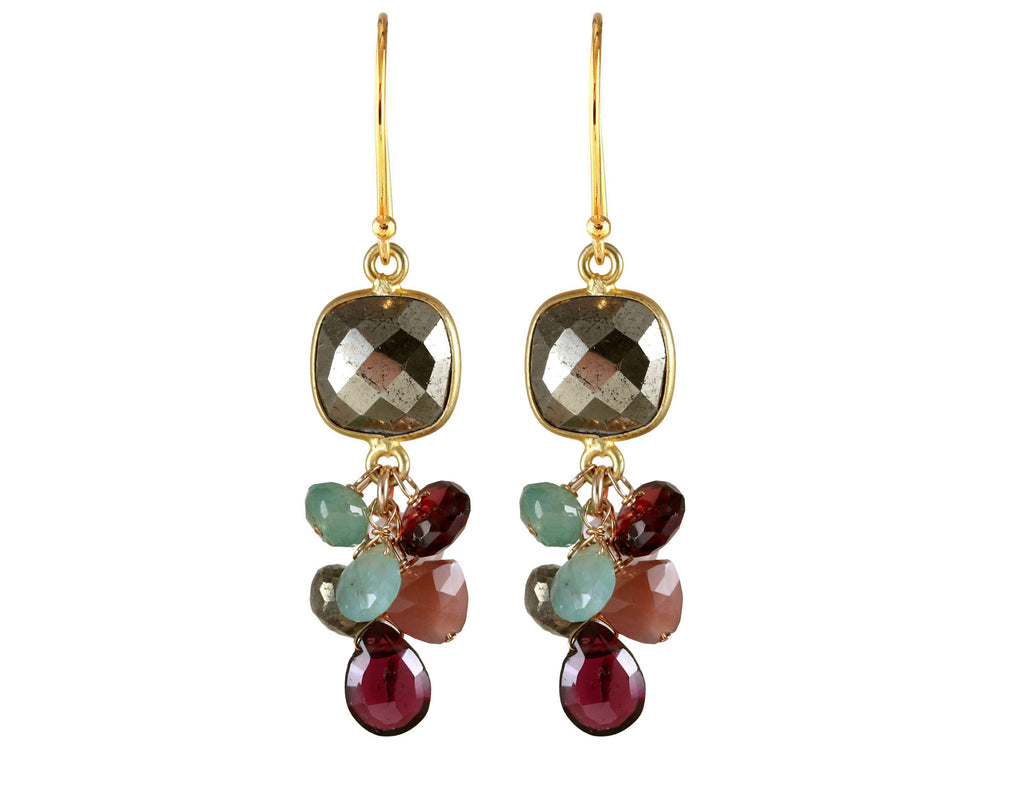 Gold-filled dangle earrings with colorful gemstones.