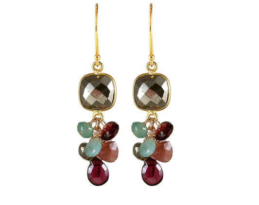 Gold-filled dangle earrings with colorful gemstones.