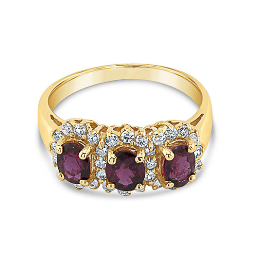 14K Yellow Gold Three Oval Ruby and Diamond Halo Ring