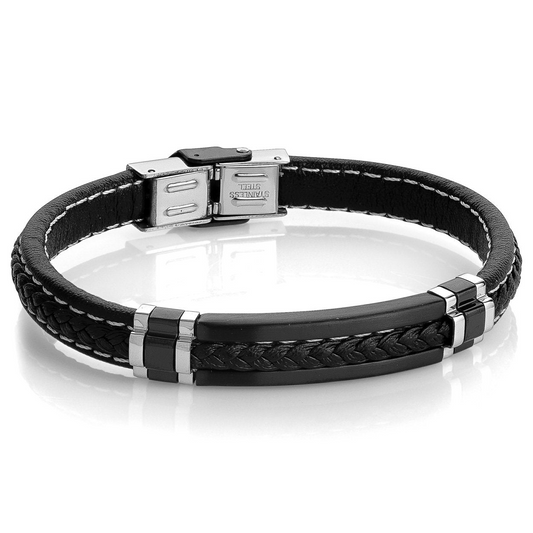 Black braided leather bracelet with stainless steel.