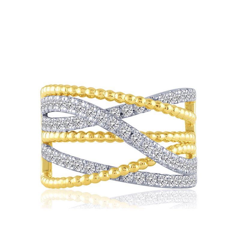 Crisscross diamond ring, white-yellow gold bands.