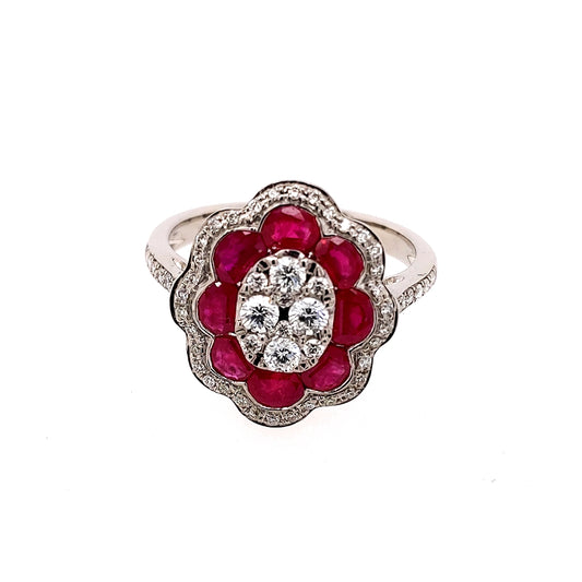 Diamond Accent Color Gemstone Ring in 14 Karat White with 8 Oval Rubies 1.82ctw