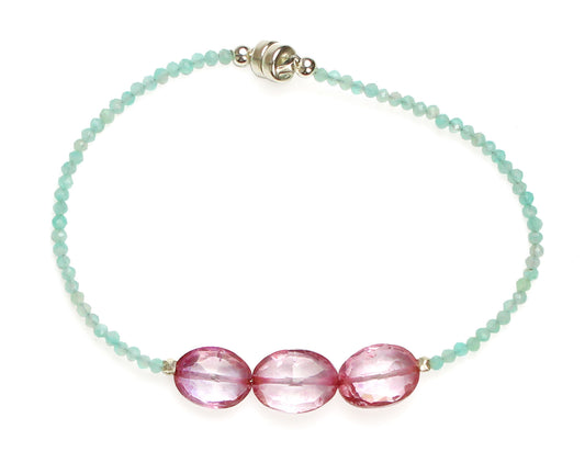 Station Color Gemstone Bracelet in Sterling Silver White with 3 Oval Pink Topazes