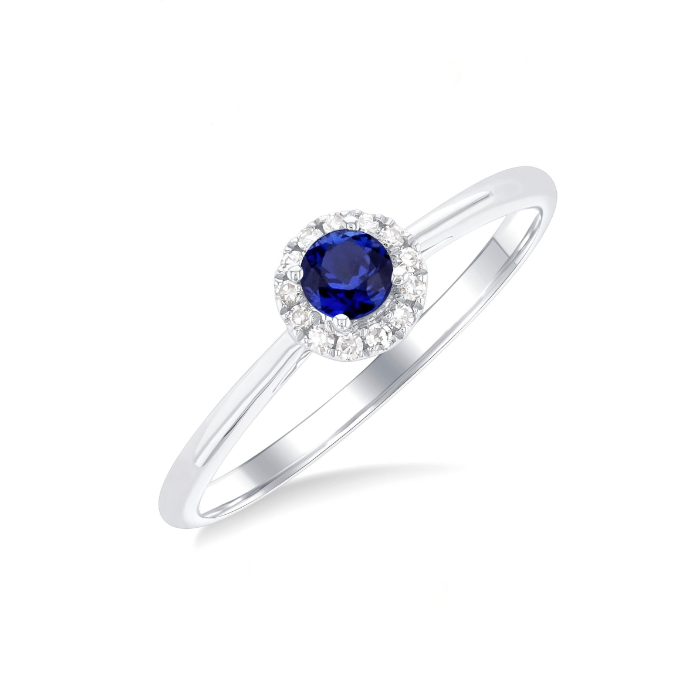 Sapphire and diamond halo white gold ring.