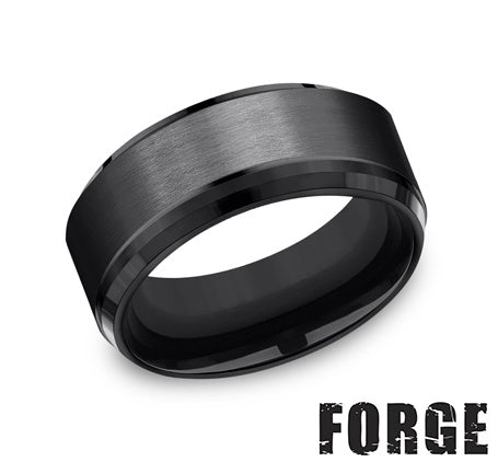 Black titanium band, carved design, satin finish.