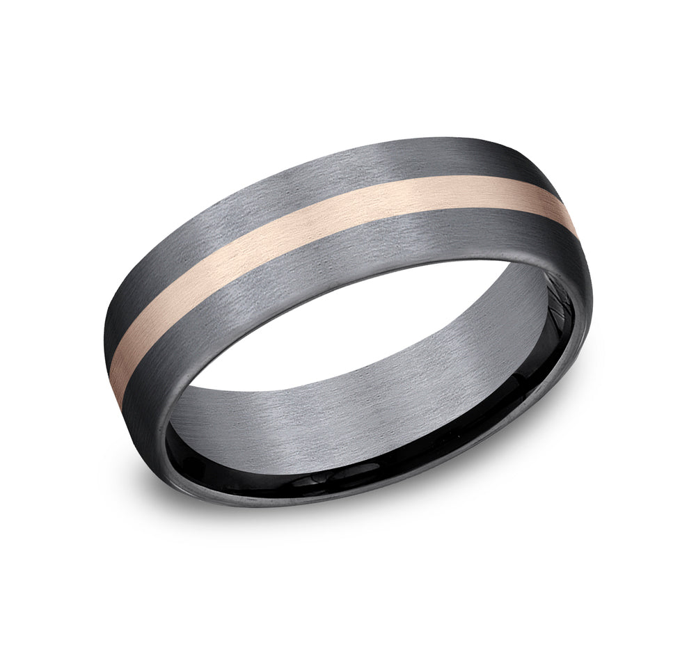 Tantalum band with grey and rose stripe.