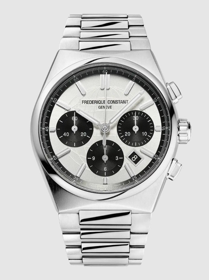 Stainless steel chronograph watch with white dial.