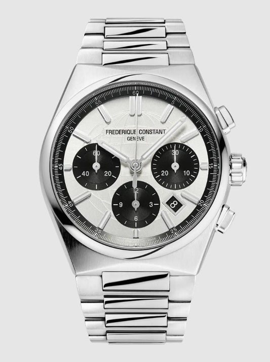 Stainless steel chronograph watch with white dial.