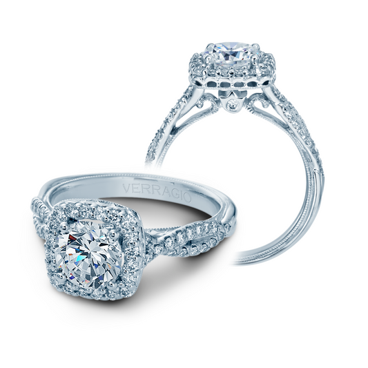 VERRAGIO Hidden Accent Halo Natural Diamond Semi-Mount Engagement Ring in 14 Karat White Gold with 52 Round Diamonds, Clarity: VS2, Color: F/G, totaling 0.50ctw